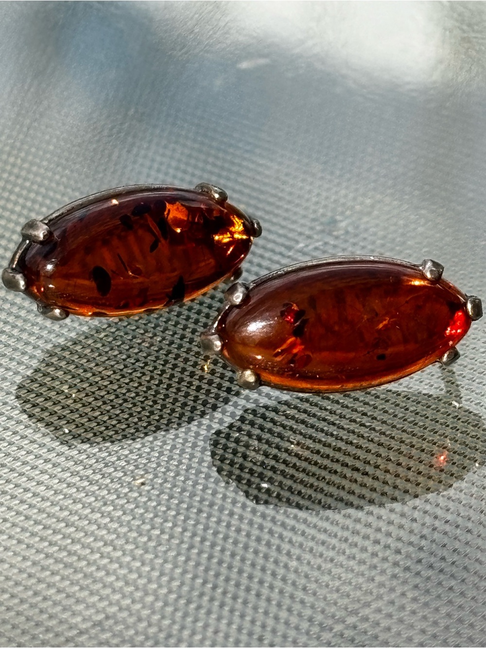 Amber Oval Stud Earrings - Brown Amber Silver Setting